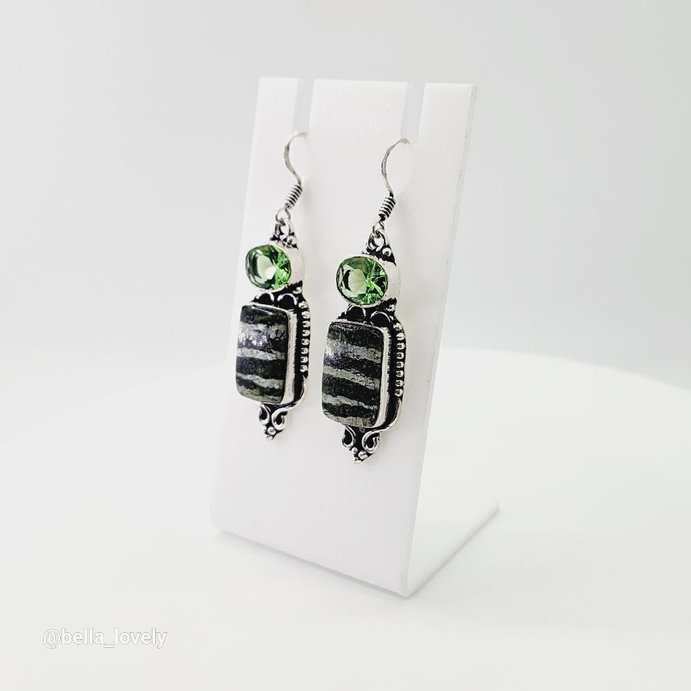 Silver Line Jasper Peridot Handmade Drop Dangle Earrings 2.2"
